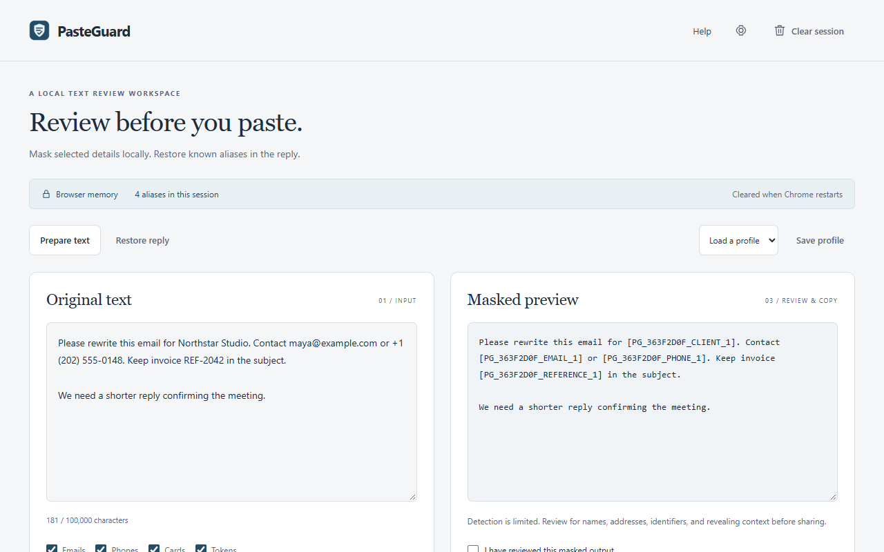 PasteGuard workspace showing synthetic original text, a masked preview, and suggested replacements